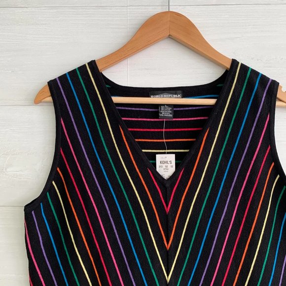 NWT World Republic - Black V-neck sleeveless rainbow chevron silk sweater, L - Picture 2 of 4